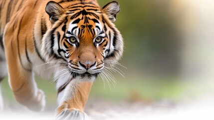 Naklejka premium Majestic tiger approaching, intense gaze, sharp focus