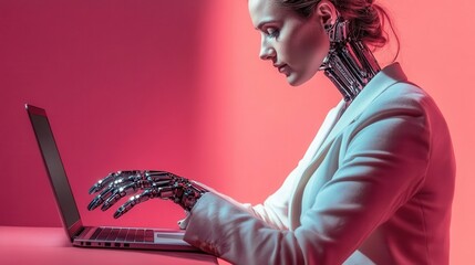This striking image features a woman with robotic arms working on a laptop, blending technology and humanity, showcasing innovation and the future of human interaction.