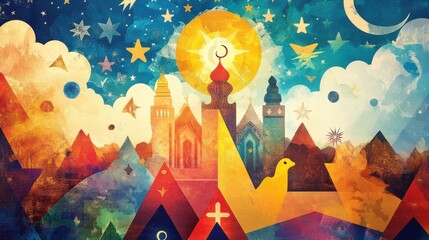 A high-concept visualization of unity in diversity, blending elements from various religious traditions into a harmonious design
