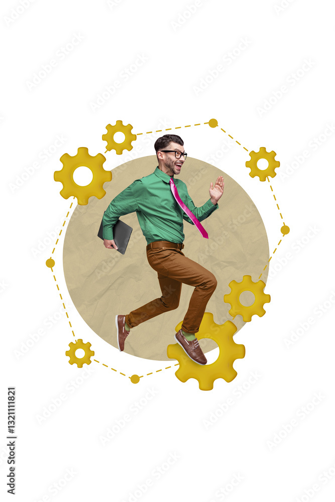 Poster photo comics sketch collage picture of smiling excited guy running creating new device app isolated 