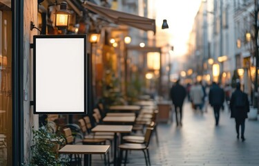 Outdoor cafe advertising space.  Urban setting with blank menu board