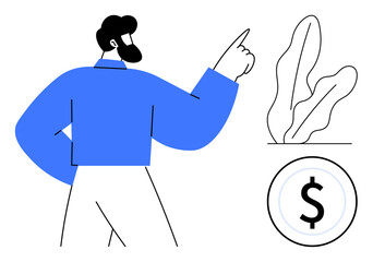 Fototapeta premium Bearded man pointing upward with confidence near a plant and a dollar coin. Ideal for finance, growth, goals, success, investment, wealth, sustainability concepts. Flat simple metaphor