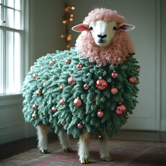 Surreal pink sheep with Christmas tree fur and ornaments. Creative holiday illustration, festive concept art, unique Christmas design