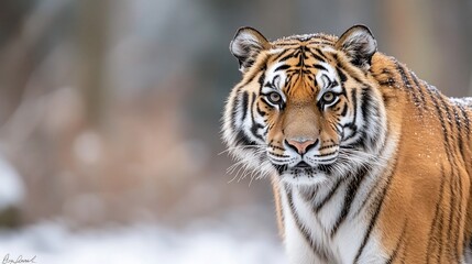 Obraz premium Majestic tiger stares intensely, snow-covered ground
