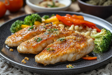 Delicious crispy pan fried fish fillet with roasted vegetables and couscous food meal plate tasty