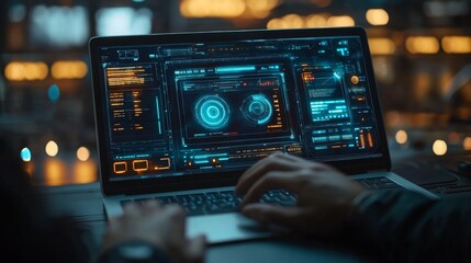 Professional utilizes advanced AI communication technology while working on a laptop in a modern workspace environment