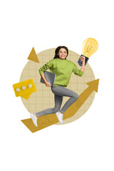 Vertical template creative collage of young girl professional specialist running arrow career...