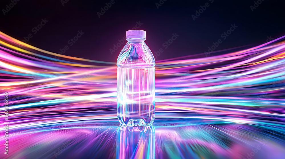 Poster dynamic water bottle display with colorful light trails studio setting photography abstract perspect