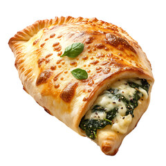 A Fresh Spinach and Cheese Calzone Flying Outward Isolated on Transparent Background