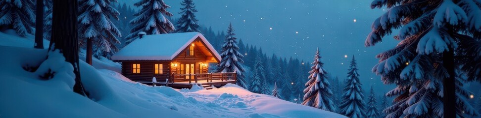 Snow-covered pine trees, twinkling lights, cozy cabin , forest, xmas