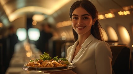 Stewardess serving gourmet snacks on a private jet with luxurious interior and warm lighting
