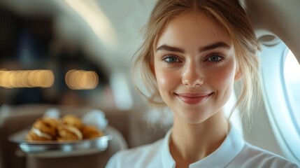 Stewardess serves delicious snacks on a private jet during a luxurious flight experience