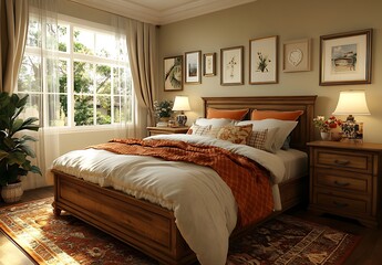 Cozy Wooden Bed Bedroom with Orange Throw and Rug