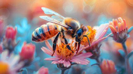 Fototapeta premium A close-up of a honeybee collecting nectar from vibrant flowers in a colorful garden setting