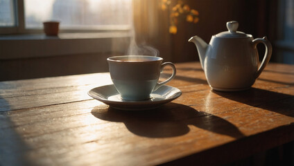 Fototapeta premium Hot tea resting on a table beside a sunlit window in a cozy indoor setting during a calm morning