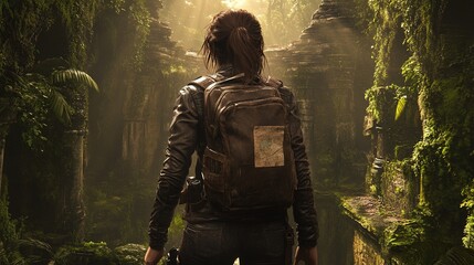 Adventurous female explorer gazes at ancient ruins in a lush jungle