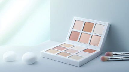 Beige Eyeshadow Palette with Brushes on Plain Background and Copy Space