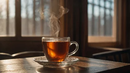 Gordijnen Hot tea resting on a table beside a sunlit window in a cozy indoor setting during a calm morning © Shinso_Hajime