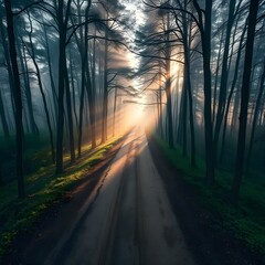 A dirt road in the middle of a forest with sunbeams shining through the trees on a foggy day