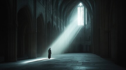 A mysterious wanderer in a darkened cathedral, a single beam of light illuminating their hidden face