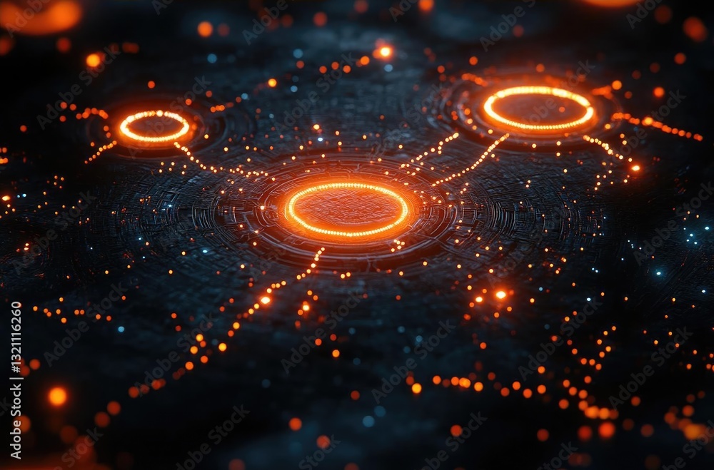 Poster abstract digital network with glowing orange circles and interconnected lines in a dark space