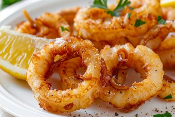 Crispy fried calamari with lemon garnish. AI generated