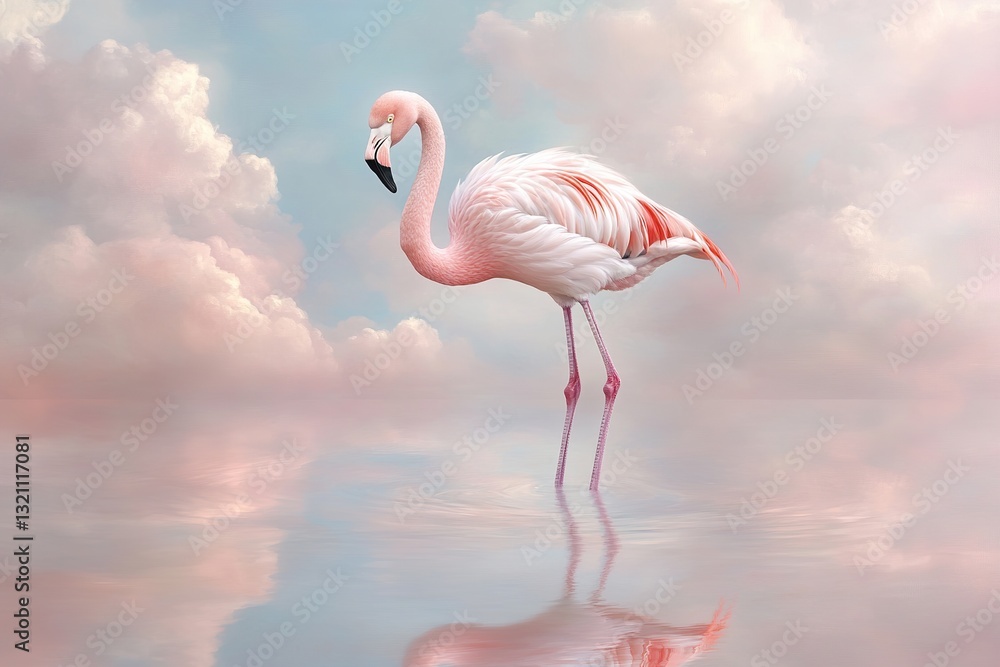 Poster a flamingo stands gracefully on one leg atop a rippling sky filled with clouds, creating a surreal s