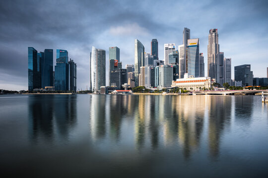 Financial district skyline reflected into water, Marina Bay, Singapore City