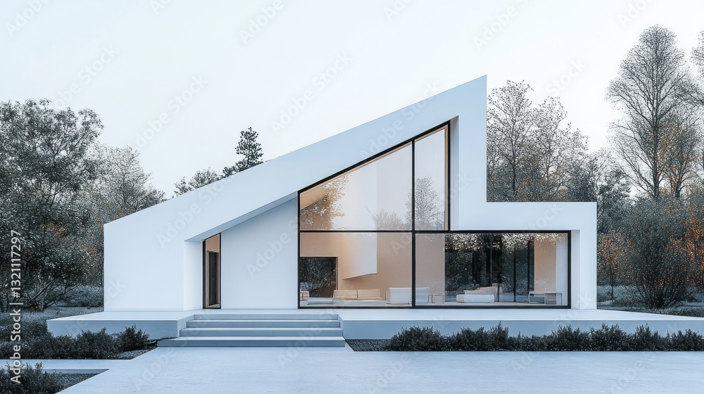Aufkleber A stunning modern house with angular lines and large windows showcases elegance and simplicity. Nestled in lush greenery, it offers a peaceful retreat under a twilight sky
