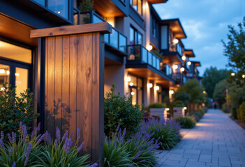 Charming evening view of a modern apartment complex with lush landscaping