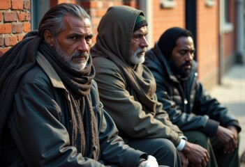 Fototapeta premium Three men sitting on a street, showcasing expressions of contemplation and resilience