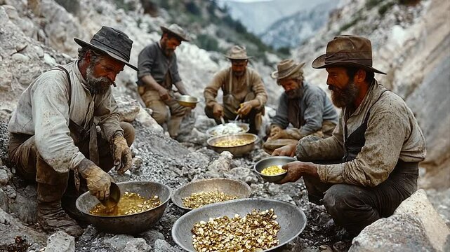 Miners Collecting Gold Nuggets in a Rocky Landscape During the Gold Rush