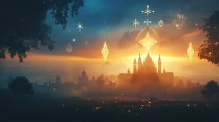 Obraz premium A serene landscape with symbols of different religions peacefully merging into a glowing representation of divine harmony