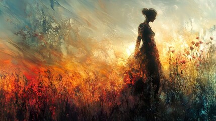 Fototapeta premium Sunset Silhouette: A Woman in a Field of Flowers