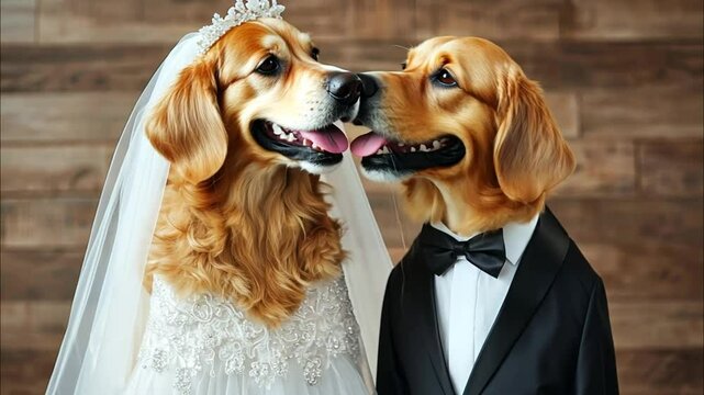 Dog Wedding Celebration &ndash; Adorable Golden Retrievers in Bridal Attire
