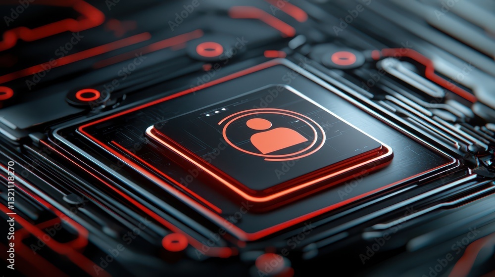 Poster illuminated red light on computer processor, a closeup examination of modern computing technology