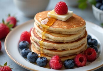 Delicious stack of pancakes topped with butter, syrup, raspberries, and blueberries