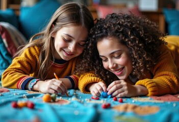 Fototapeta premium Two girls joyfully playing with colorful clay on a vibrant blanket