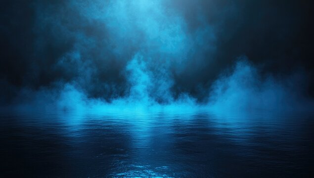 A dramatic, blue smoky atmosphere over a reflective surface