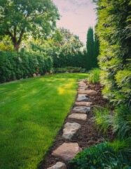 Naklejka premium Garden Landscaping with Stone Border and Lush Green Lawn 