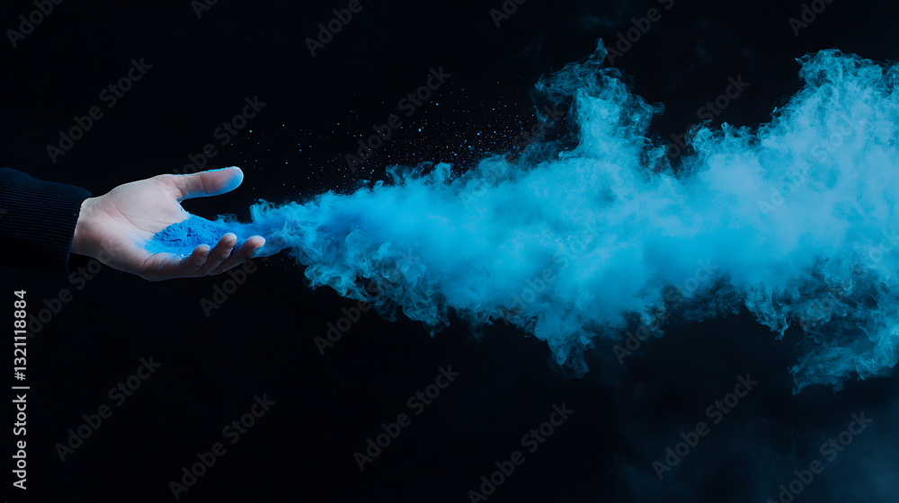 Poster creating a blue smoke effect with color powder studio setting photography dark background close-up v