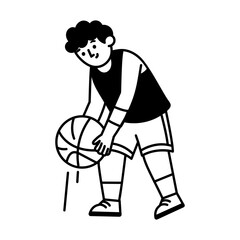 Player picking up a basketball, doodle character illustration
