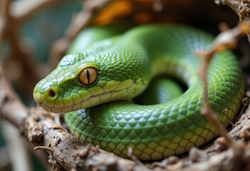 Fototapeta premium A vibrant green snake coiled comfortably in its natural habitat