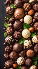 Dark chocolate truffles and candies arranged on dark background