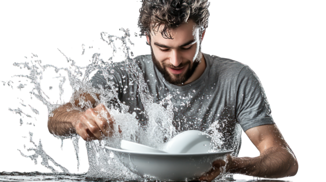 Man washing dishes with water splashing. on isolated transparent background