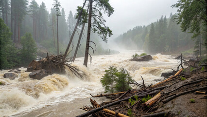 Powerful Floodwaters Rushing Through Forested River