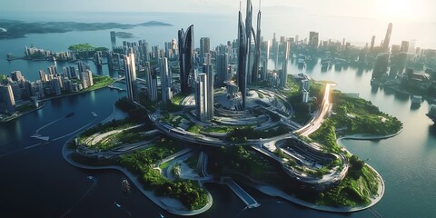 Futuristic city island aerial view. Modern skyscrapers, bridges, and green spaces. Concept of sustainable urban design.