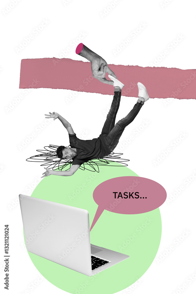 Poster Creative retro 3d magazine collage image of impressed guy having many deadline working tasks isolated beige color background