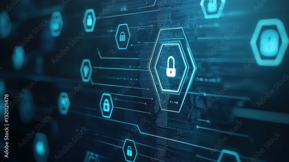 Poster dark blue background with lock, a visual representation of security and data protection