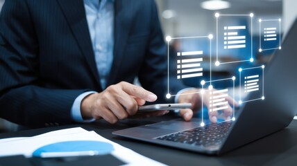 Obraz premium Businessman Working on Laptop with Data Management Interface
